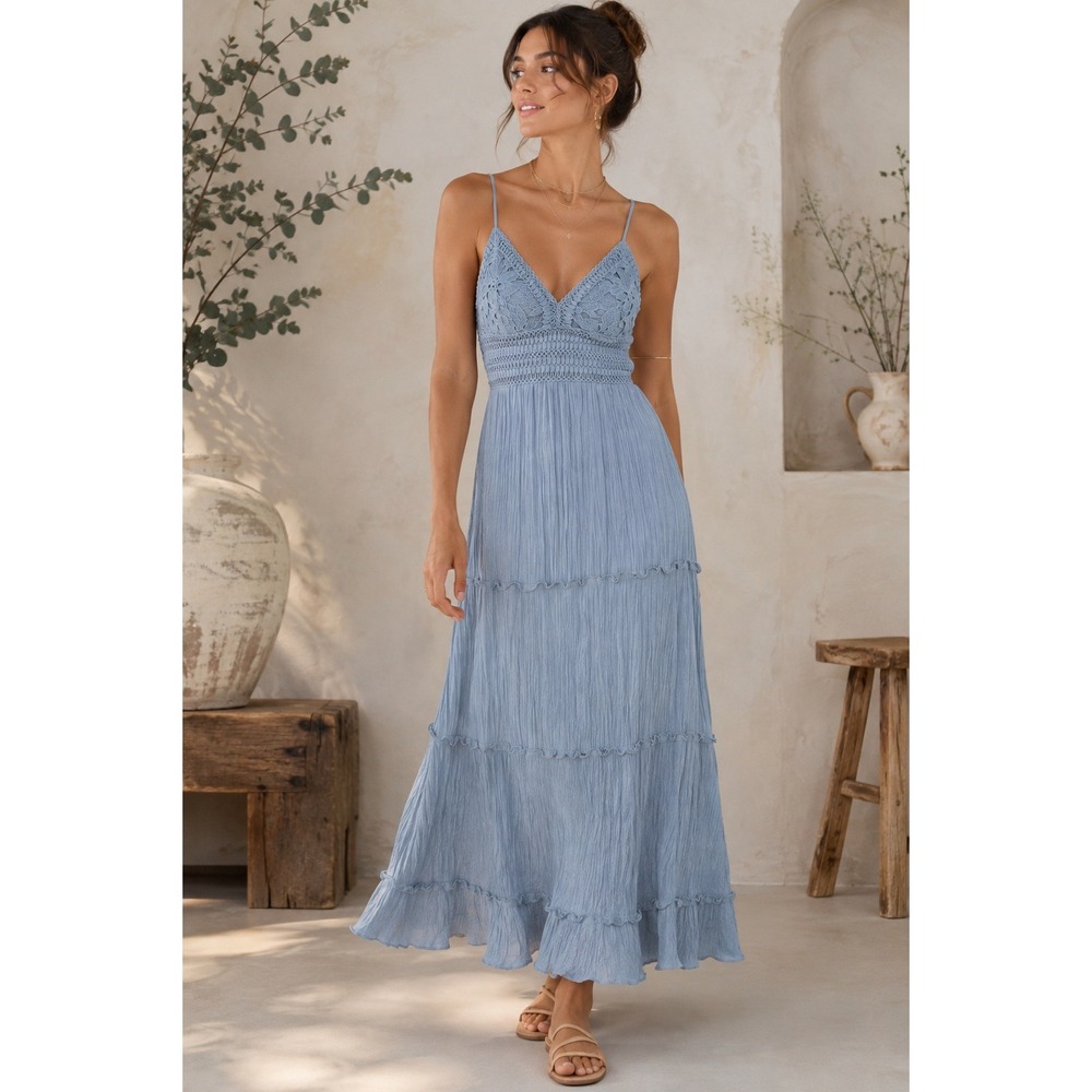 Love Tree Blue Crochet Lace Tiered Maxi Dress Open Back Tie Size Small